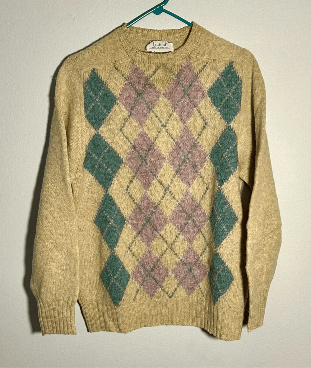 Vintage Trident 100% Shetland Wool Tan Teal Purple Argyle Scotland Sz XL